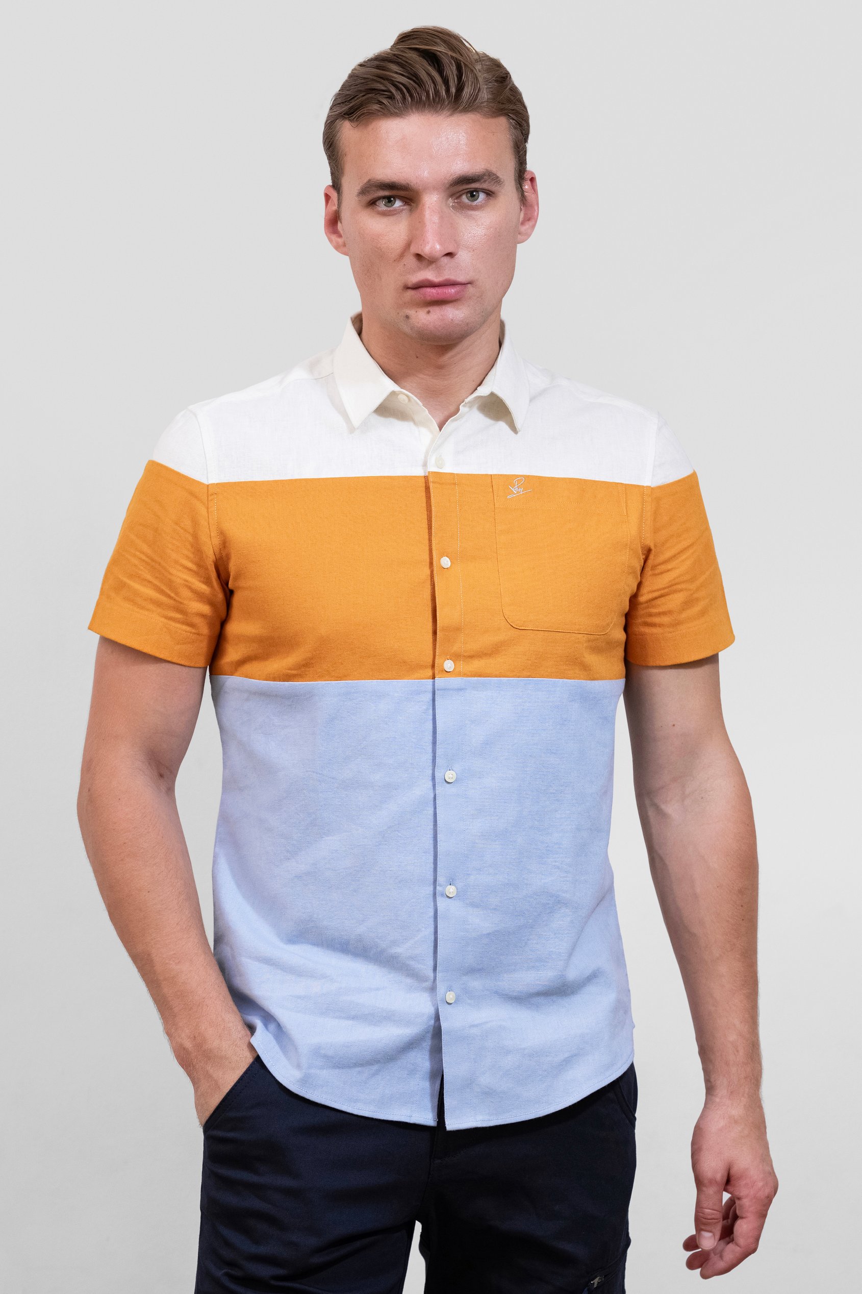 White/Orange/Blue Linen Blend Colour Block Shirt