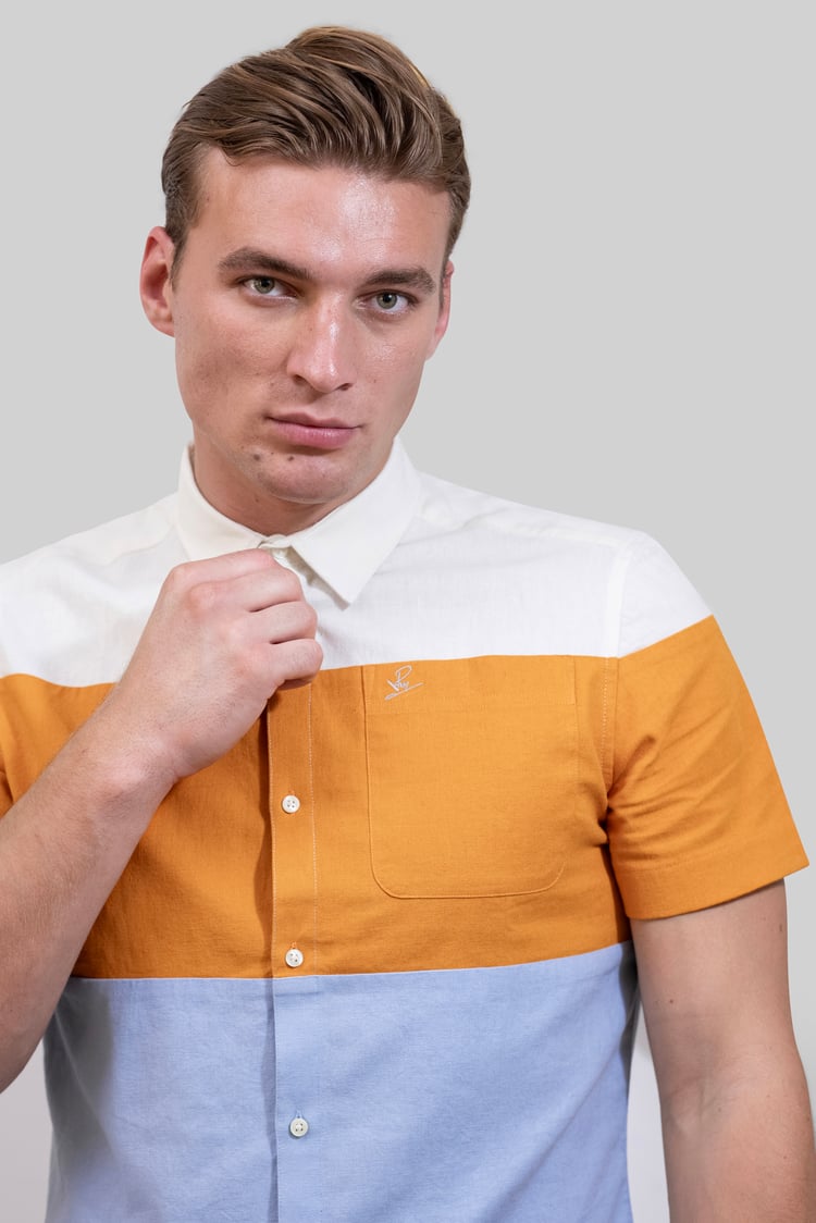 White/Orange/Blue Linen Blend Colour Block Shirt