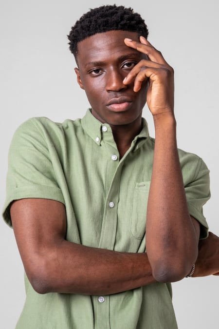 Mens Green Cotton Linen Roll-Up Sleeve Shirt