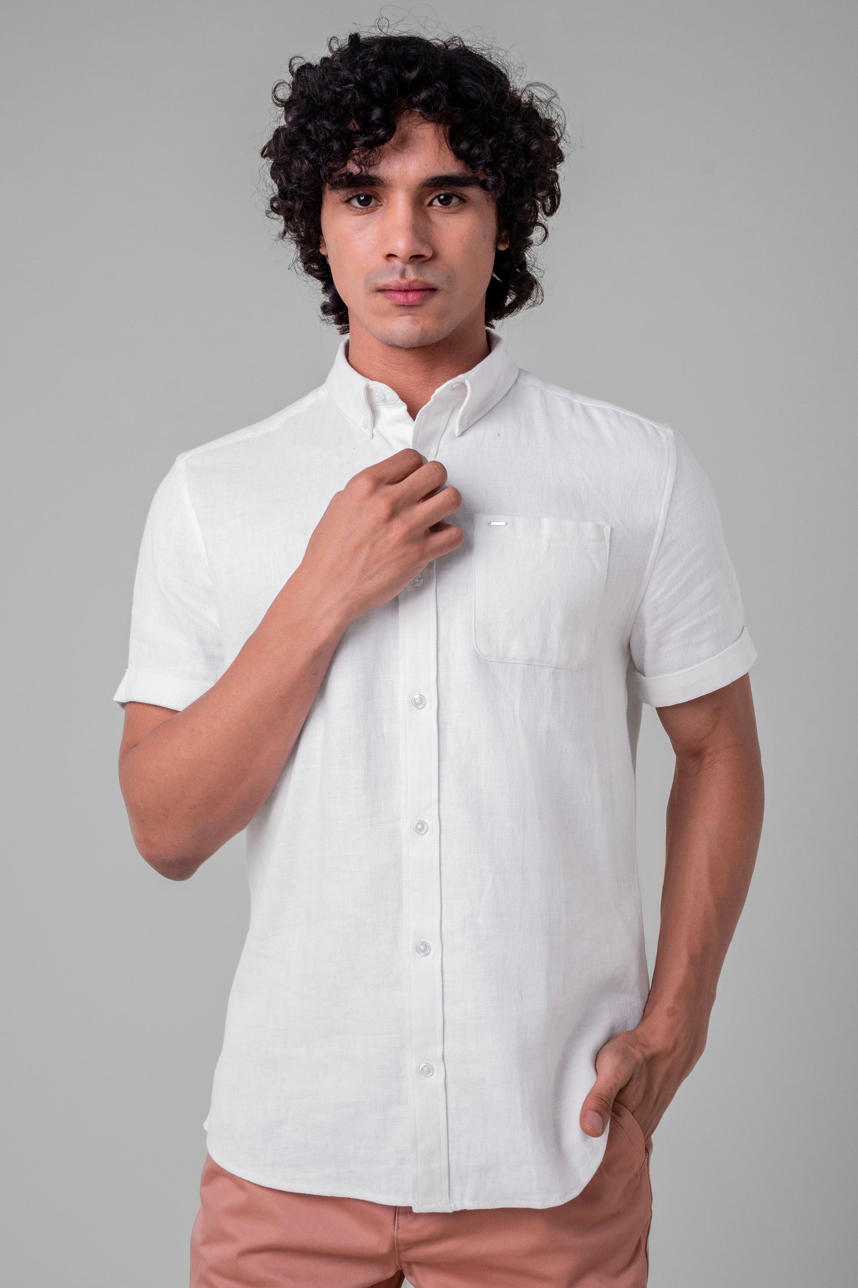 Mens Cotton Linen Roll-Up Sleeve Shirt