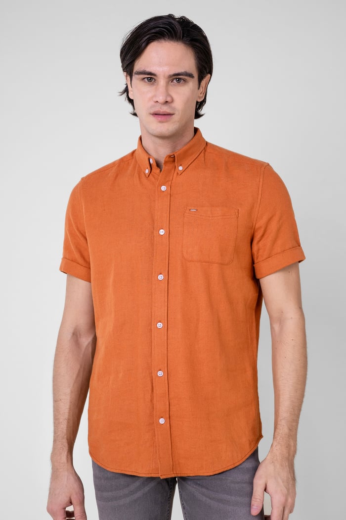 Mens Cotton Linen Roll-Up Sleeve Shirt