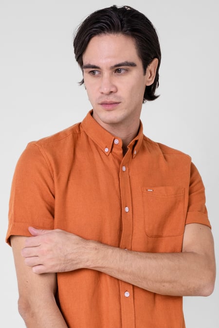 Mens Orange Cotton Linen Roll-Up Sleeve Shirt