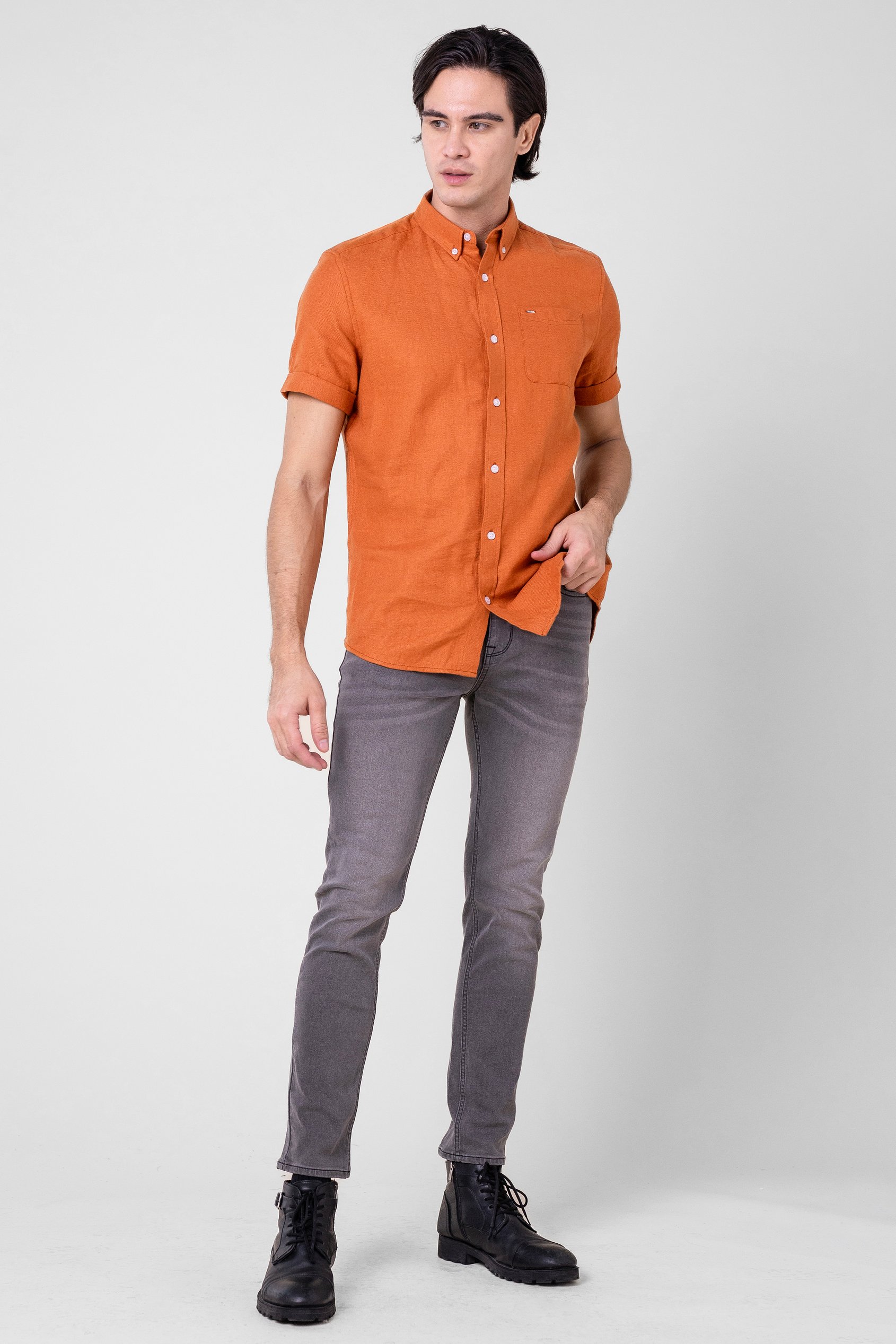 Mens Cotton Linen Roll-Up Sleeve Shirt