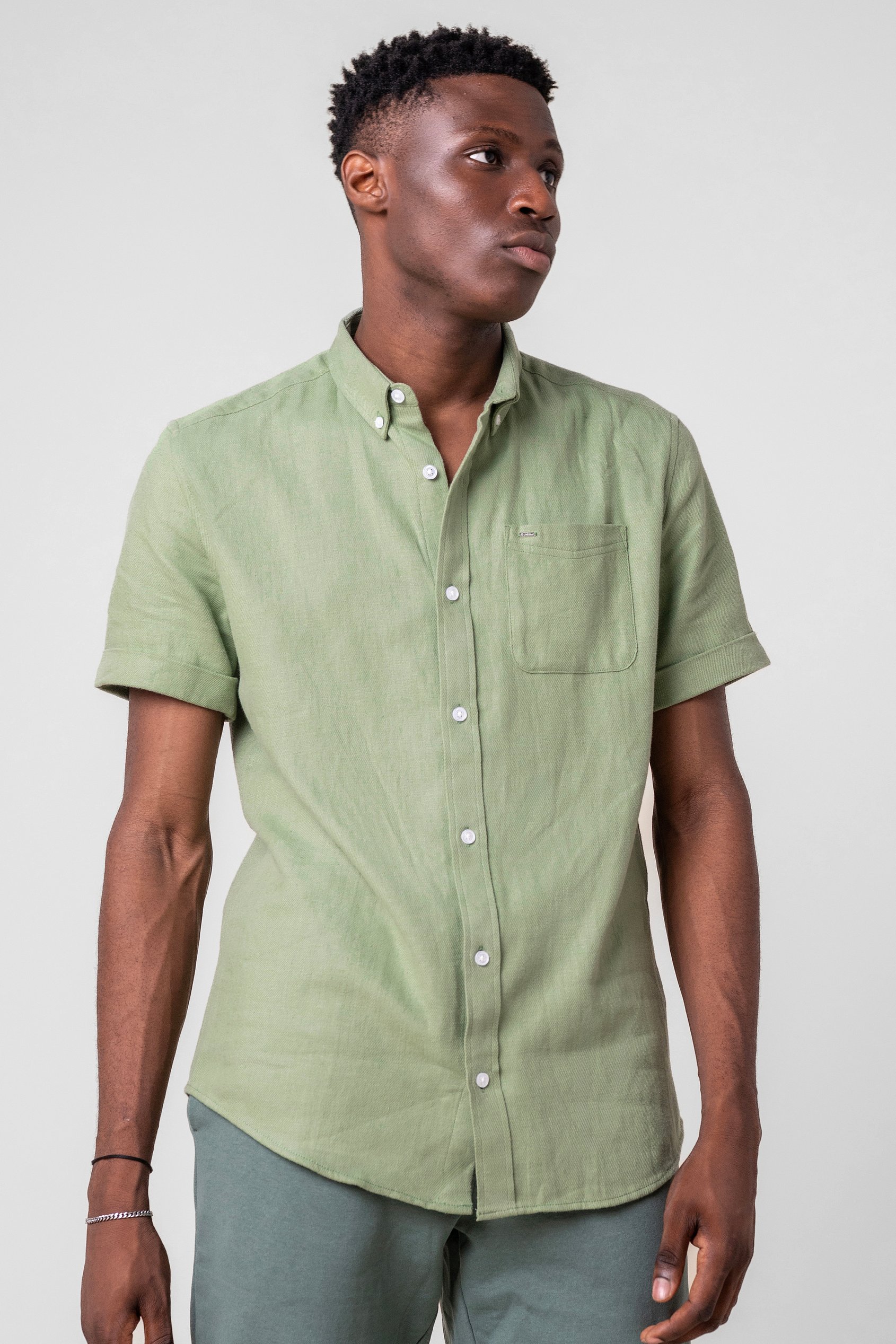 Mens Cotton Linen Roll-Up Sleeve Shirt