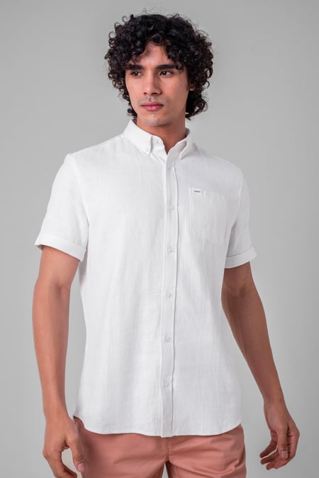 Mens White Cotton Linen Roll-Up Sleeve Shirt