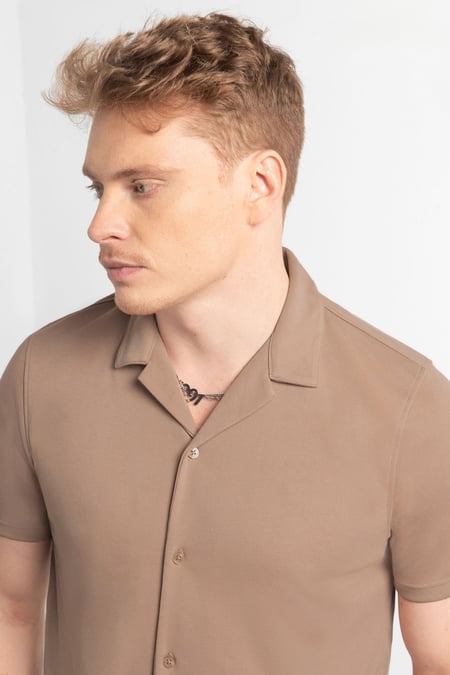 Mens Tan Revere Collar Short Sleeve Jersey Shirt