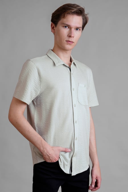 Grey Jersey Seersucker Stripe Short Sleeve Shirt