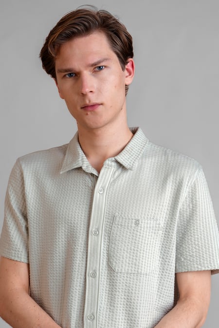 light Gray Jersey Seersucker Stripe Short Sleeve Shirt