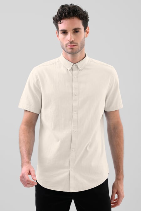 Beige Solid Linen Blend Short Sleeve Shirt