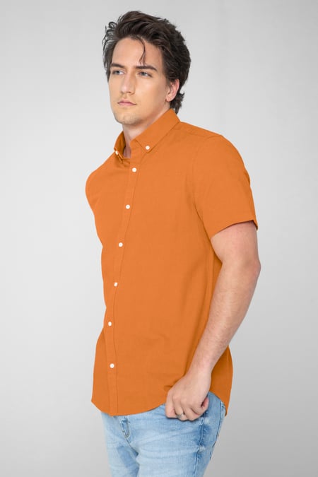 Orange Solid Linen Blend Short Sleeve Shirt