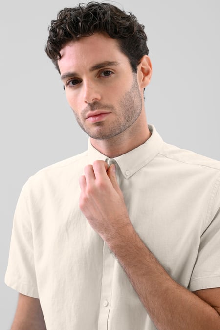 Beige Solid Linen Blend Short Sleeve Shirt