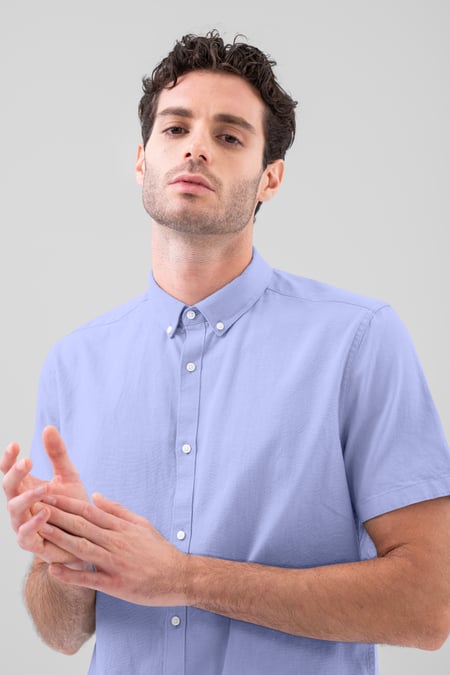 Blue Solid Linen Blend Short Sleeve Shirt