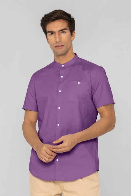 Mens Grey Slim Fit Stand Up Collar Shirt