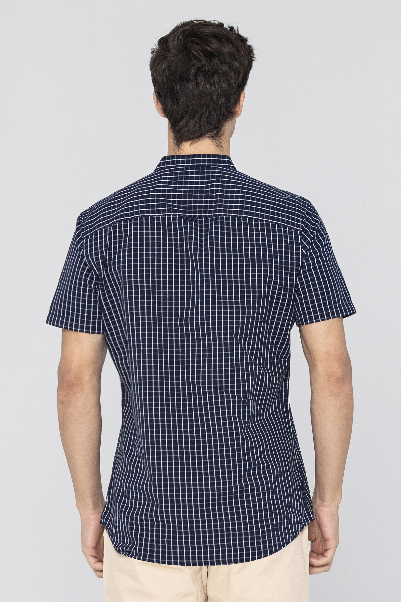 Black Check Grandad Collar Short Sleeve Shirt