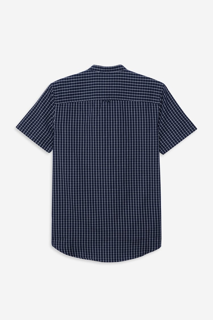 Black Check Grandad Collar Short Sleeve Shirt