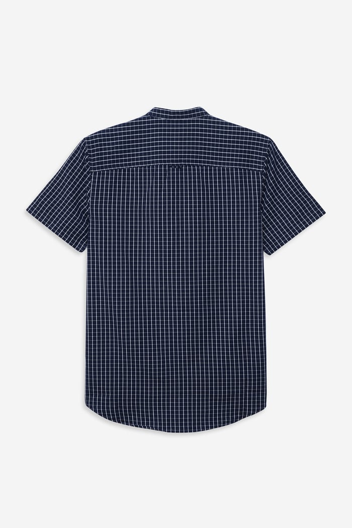 Black Check Grandad Collar Short Sleeve Shirt