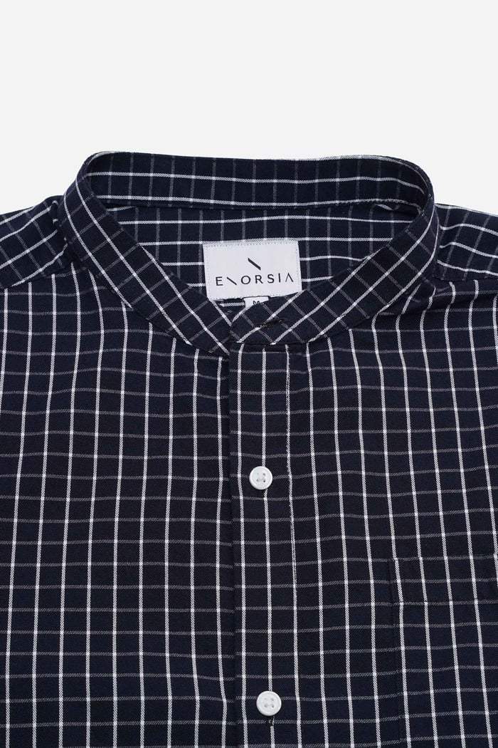Black Check Grandad Collar Short Sleeve Shirt