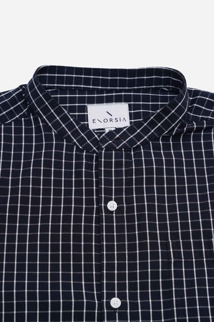 Black Check Grandad Collar Short Sleeve Shirt