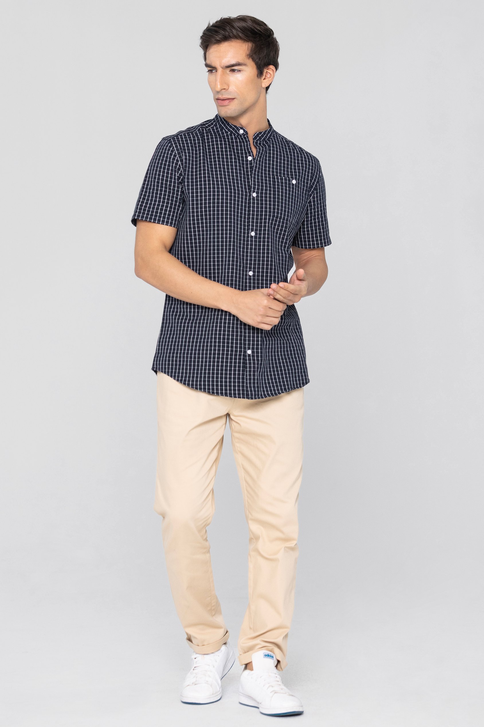 Black Check Grandad Collar Short Sleeve Shirt Black Check Grandad Collar Short Sleeve Shirt