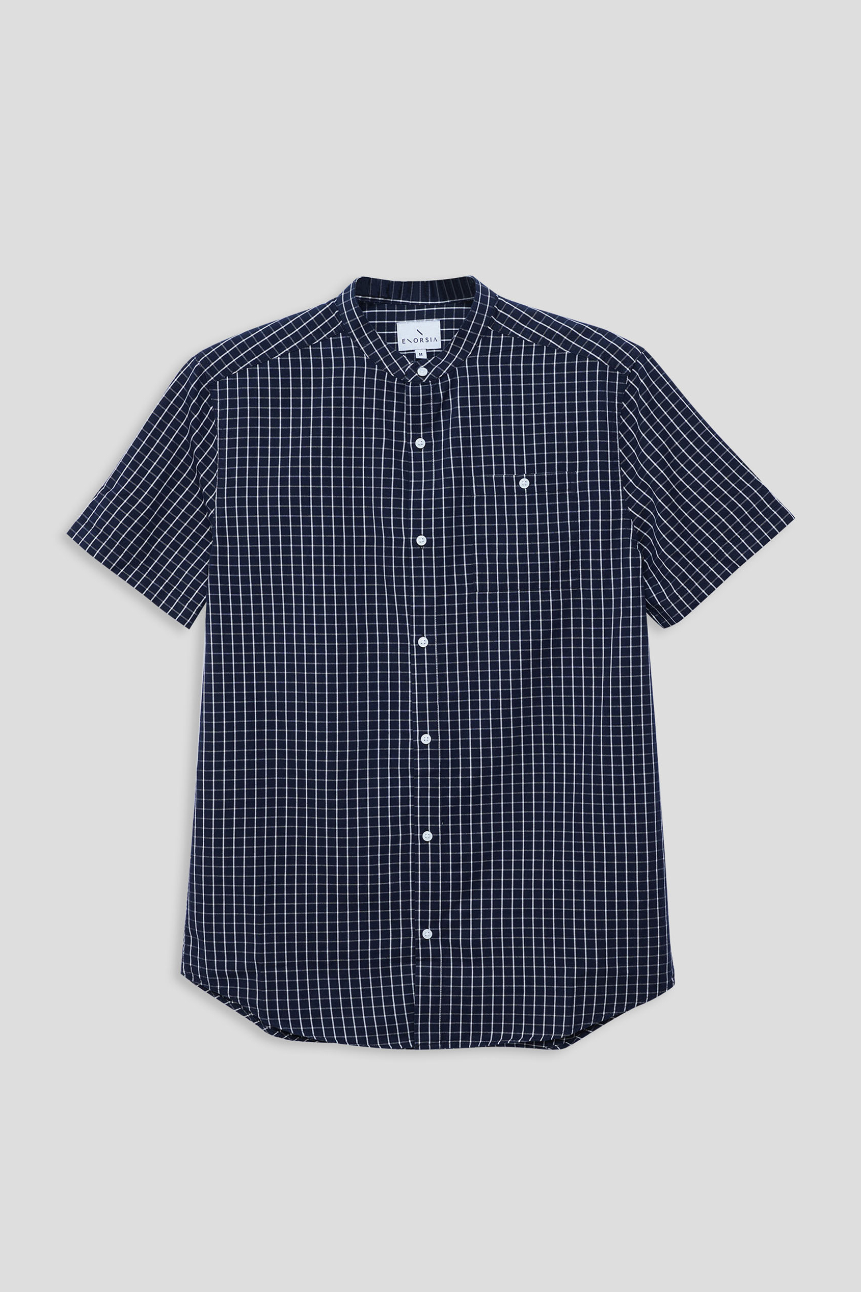 Black Check Grandad Collar Short Sleeve Shirt