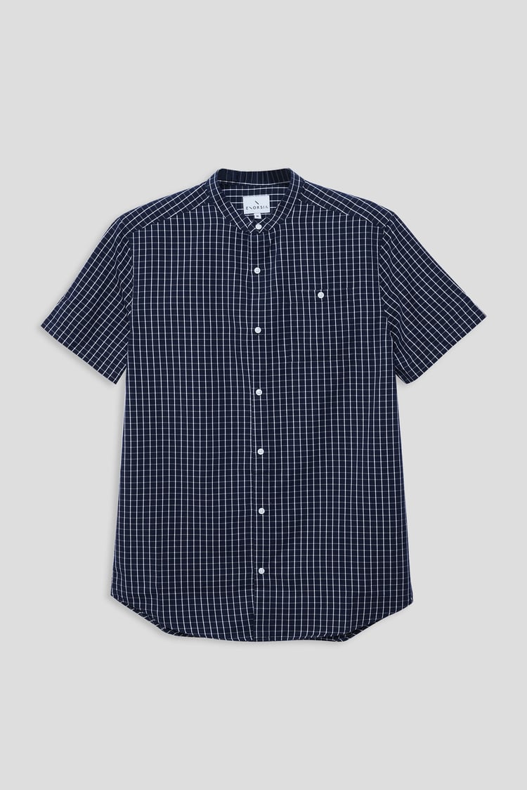Black Check Grandad Collar Short Sleeve Shirt