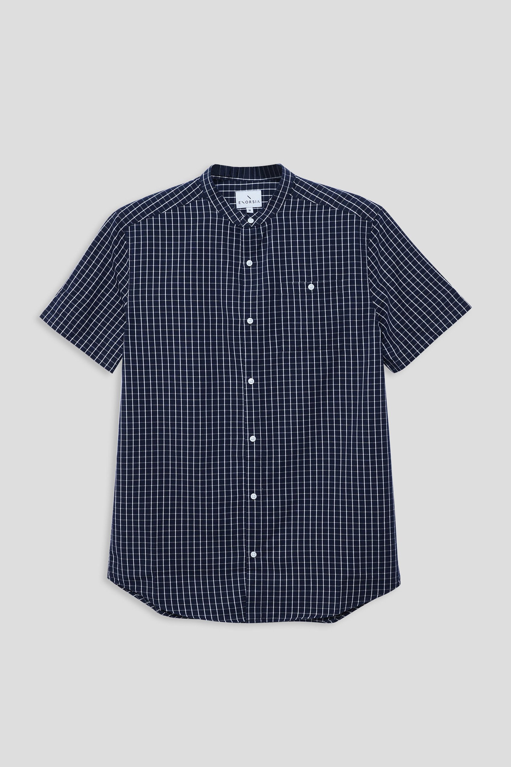 Black Check Grandad Collar Short Sleeve Shirt