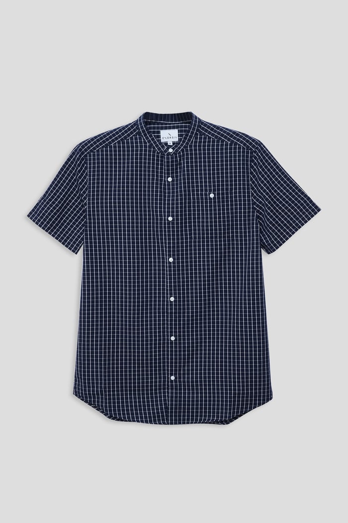 Black Check Grandad Collar Short Sleeve Shirt