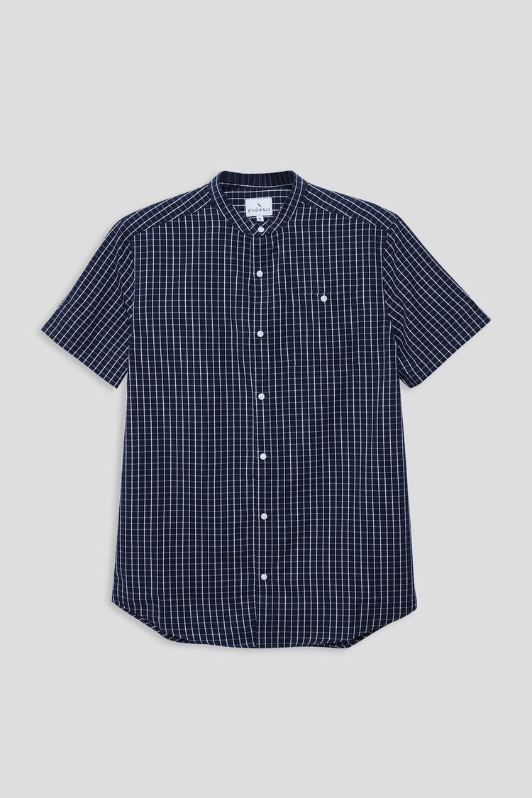 Black Check Grandad Collar Short Sleeve Shirt