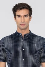 Black Check Grandad Collar Short Sleeve Shirt