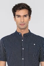 Black Check Grandad Collar Short Sleeve Shirt