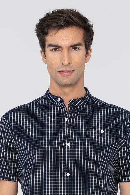 Black Black Check Grandad Collar Short Sleeve Shirt