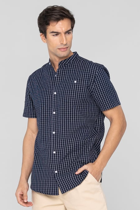 Black Black Check Grandad Collar Short Sleeve Shirt