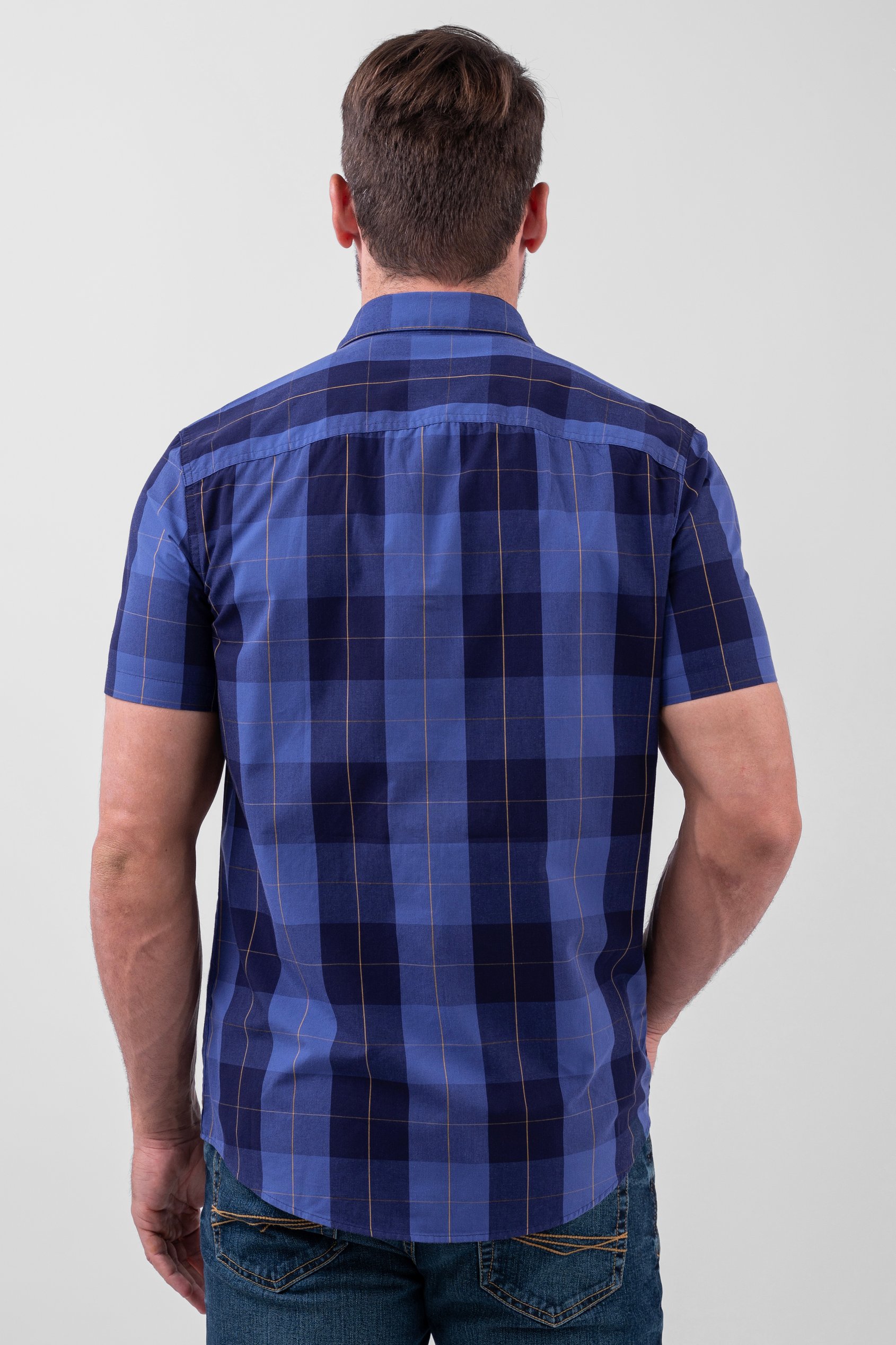 Yellow Blue Check Short Sleeve Casual Shirt