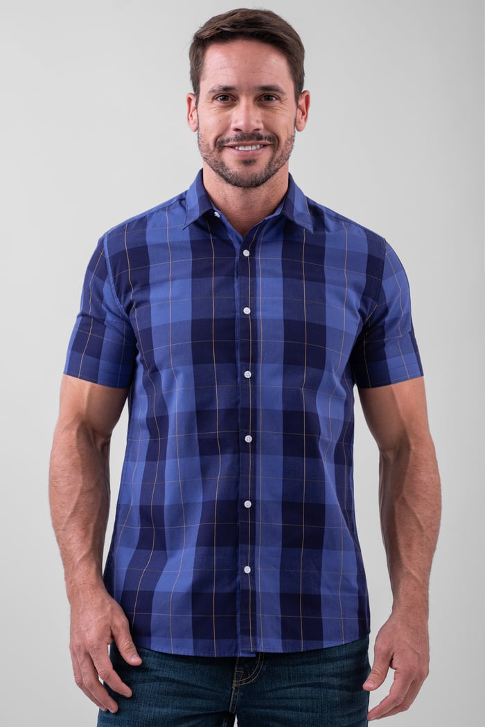 Yellow Blue Check Short Sleeve Casual Shirt