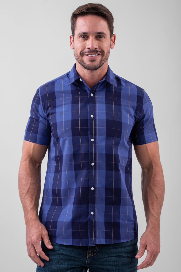 Yellow Blue Check Short Sleeve Casual Shirt
