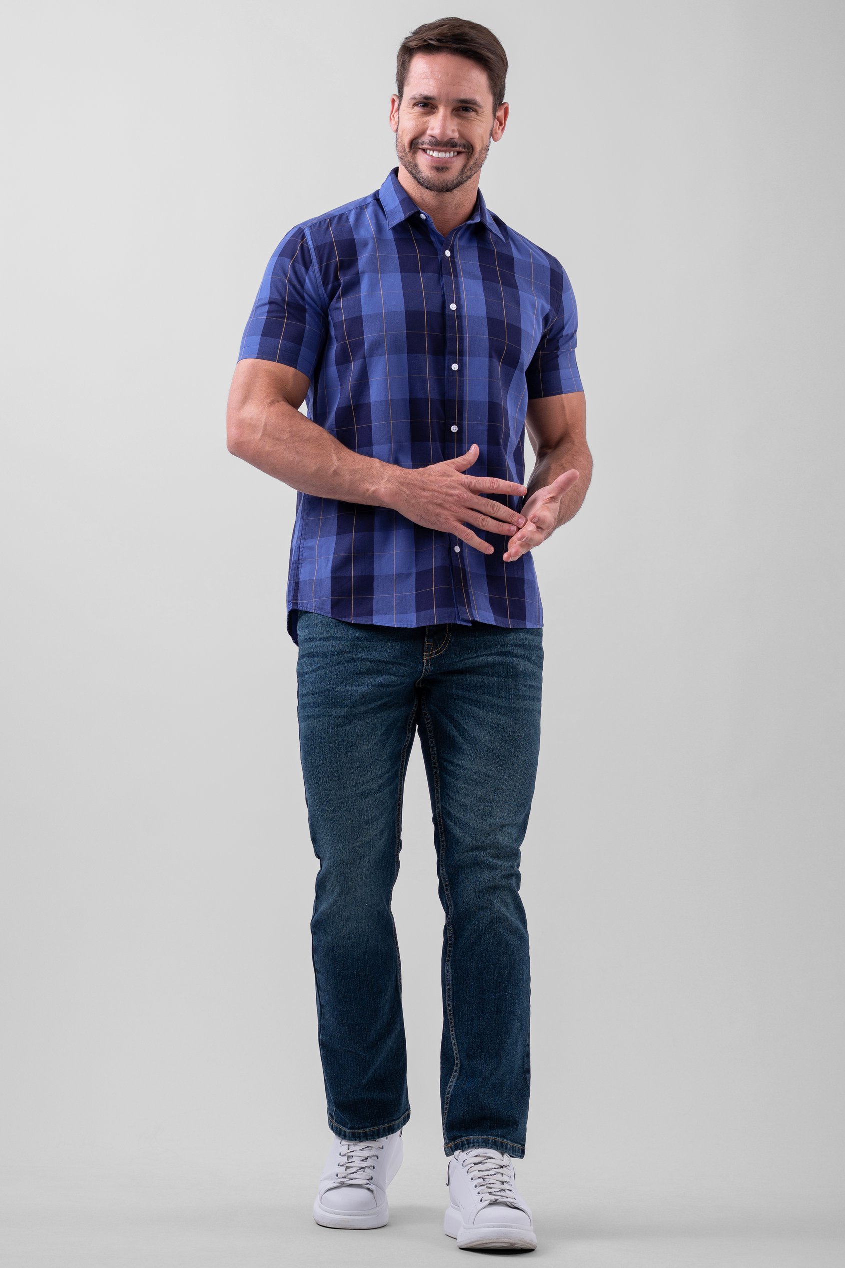 Yellow Blue Check Short Sleeve Casual Shirt