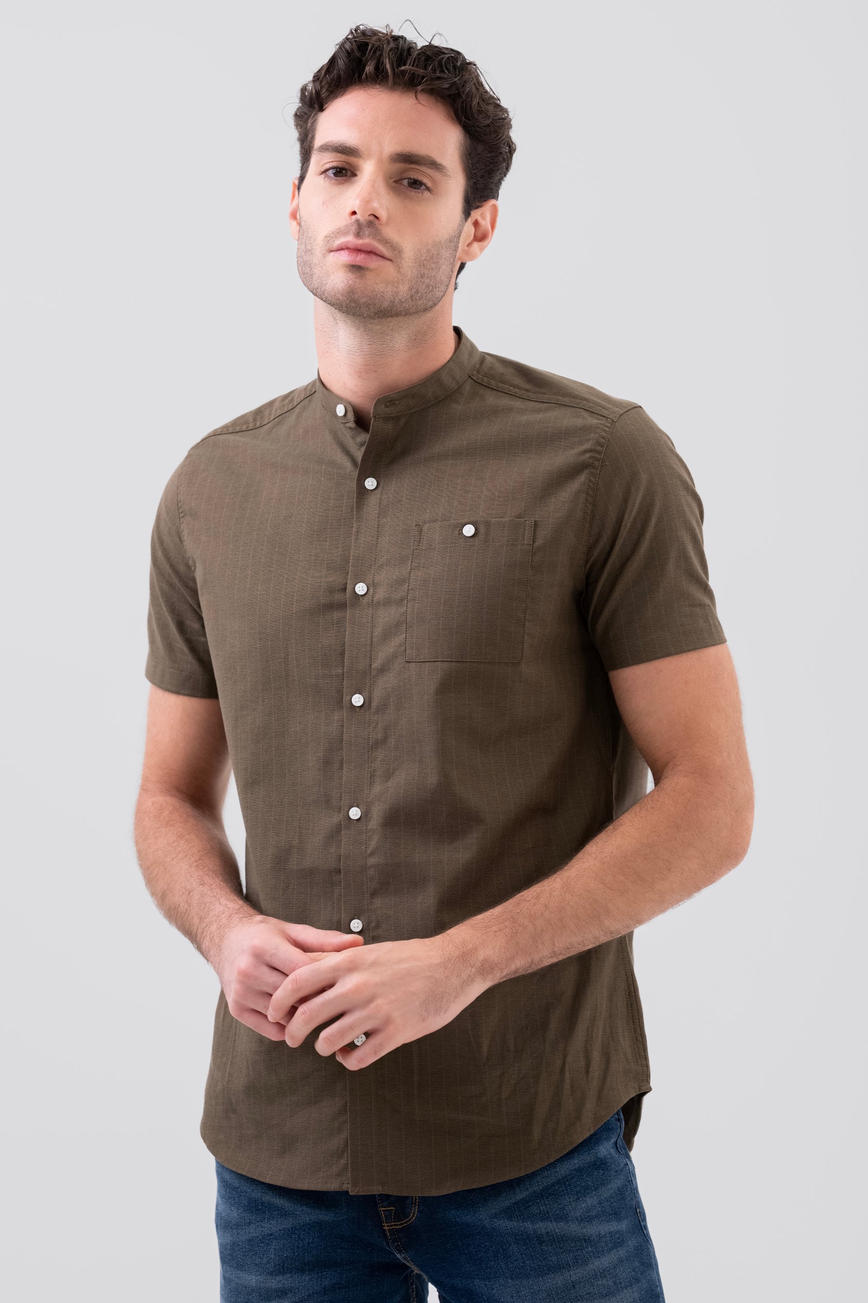 Men Grandad Collar Short Sleeve Shirt