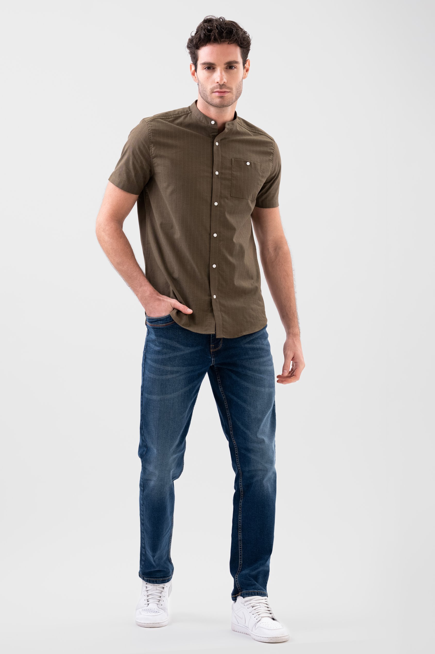 Men Grandad Collar Short Sleeve Shirt