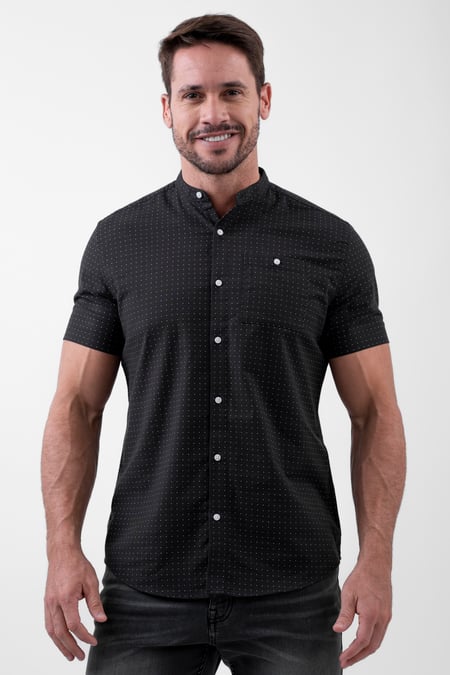 Black Printed Grandad Collar Short Sleeve Shirt