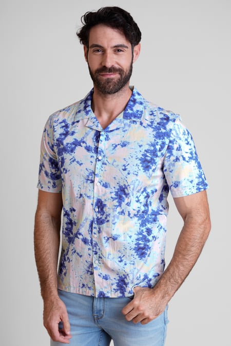 Navy Revere Collar Short Sleeves Printed Shirt