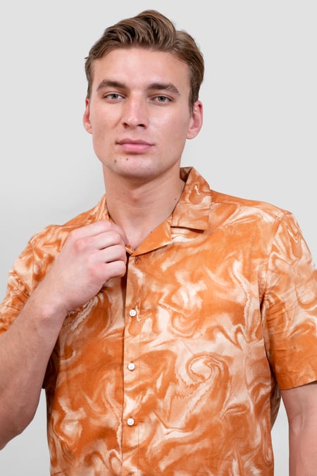 Orange Revere Collar Short Sleeves Printed Shirt