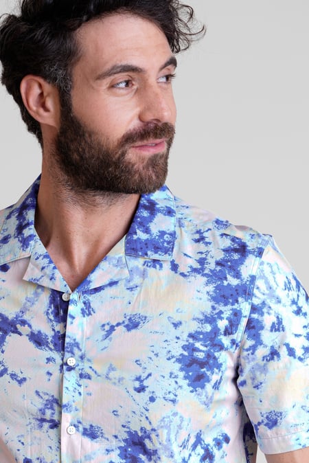 Navy Revere Collar Short Sleeves Printed Shirt