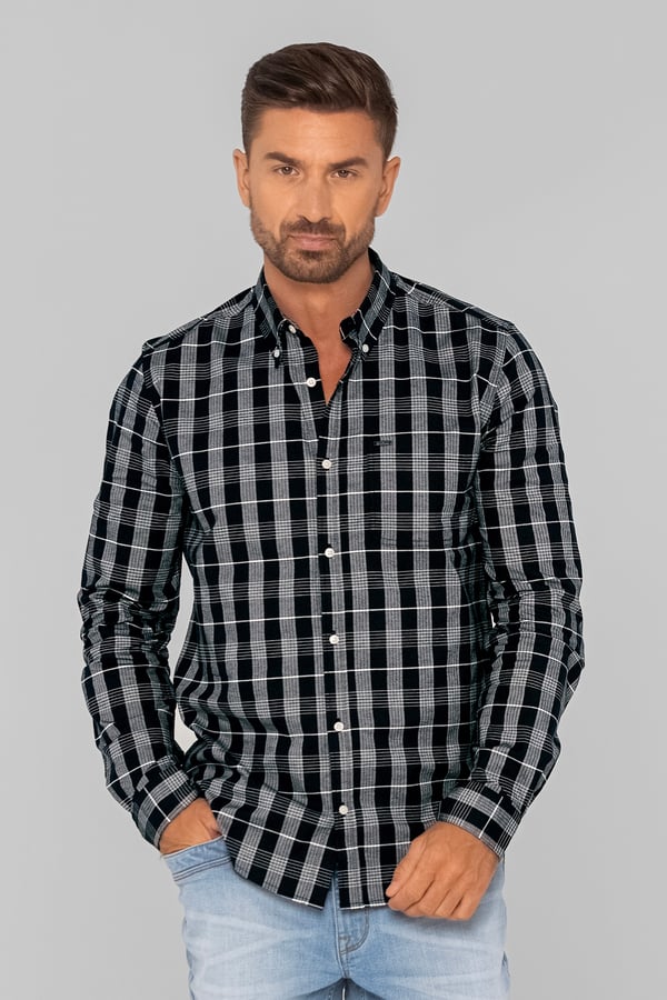 Men Black Button Down Collar Long Sleeve Shirt