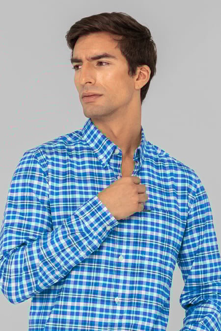 Men Blue Button Down Collar Long Sleeve Shirt