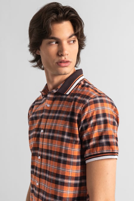 Mens Orange Short Sleeve Shirt With Rib Collar