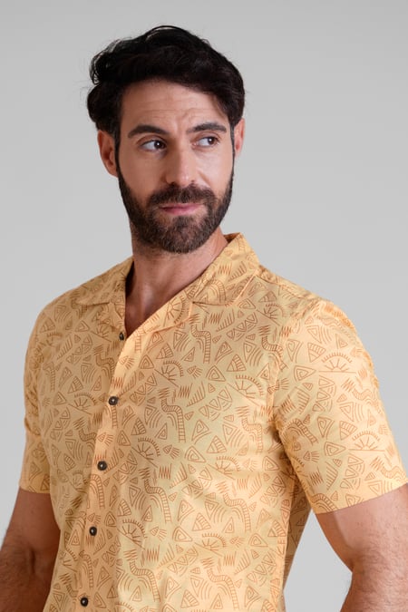 Light Orange Pencilled Revere Collar Short Sleeve Shirt