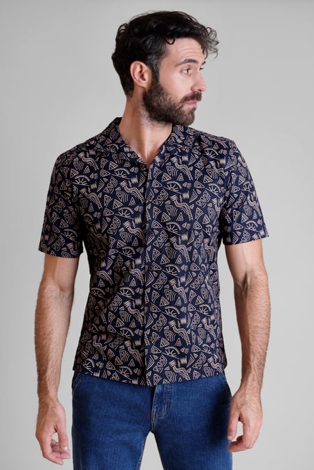 Light Orange Pencilled Revere Collar Short Sleeve Shirt