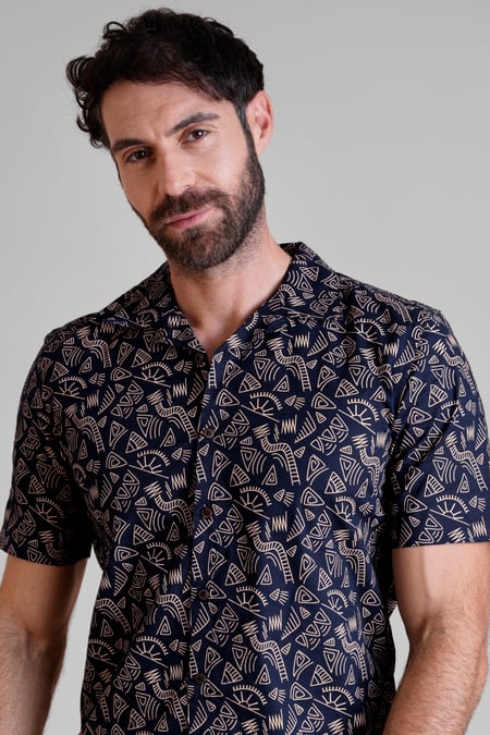 Navy Pencilled Revere Collar Short Sleeve Shirt