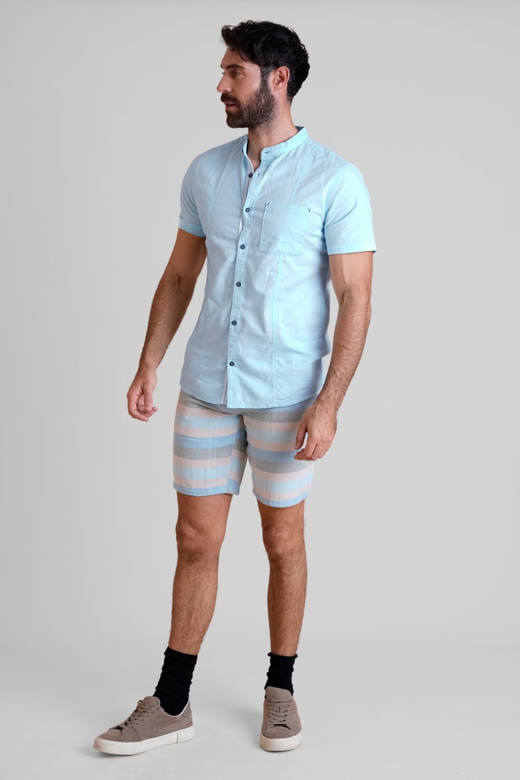 Regular Fit Cotton Linen Grandad Collar S/S  Shirt