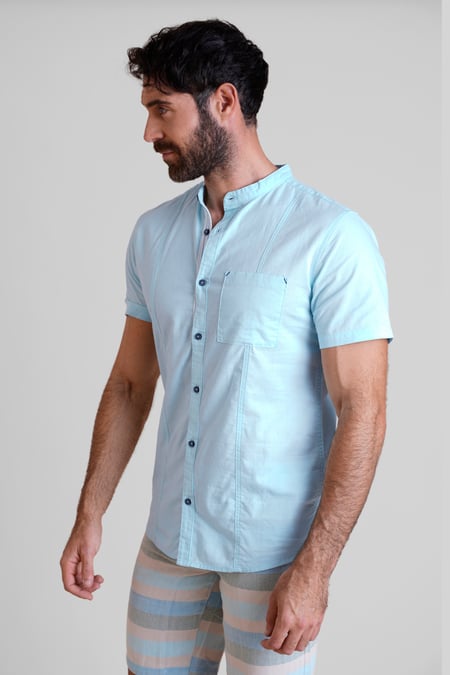 Sky Blue Cotton Linen Grandad Collar Shirt
